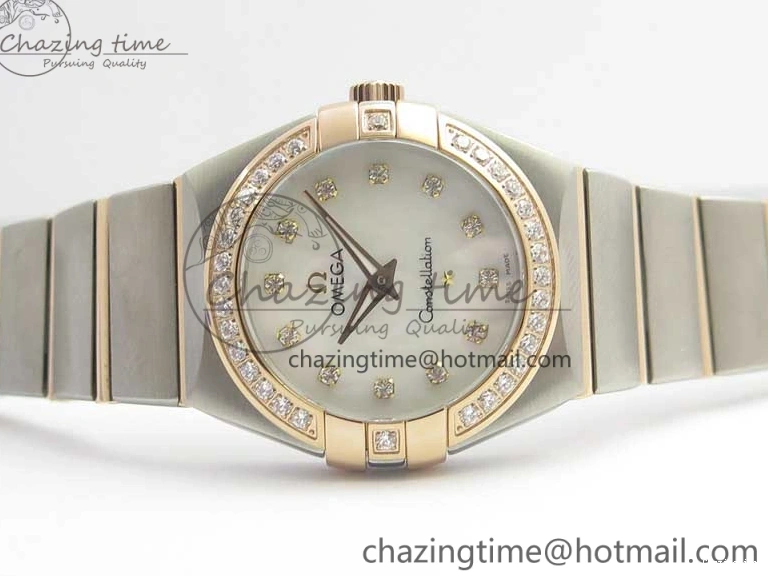 0212 NewStyle Constellation Ladies 27mm ZF 1:1 Best Edition SS RG White MOP Dial Diamonds Bezel & Markers on SS RG Bracelet ETA Quartz 7943